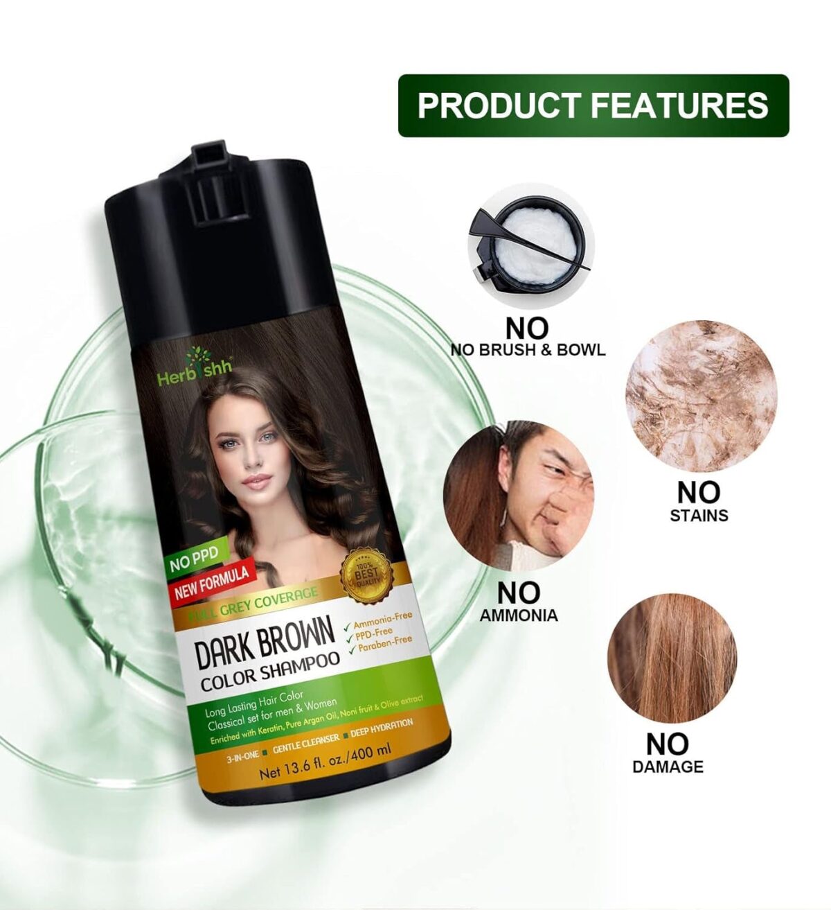 Herbishh Hair Color Shampoo for Gray Coverage - Enriched Formula with Conditioner - Long Lasting & DIY (DARK BROWN)