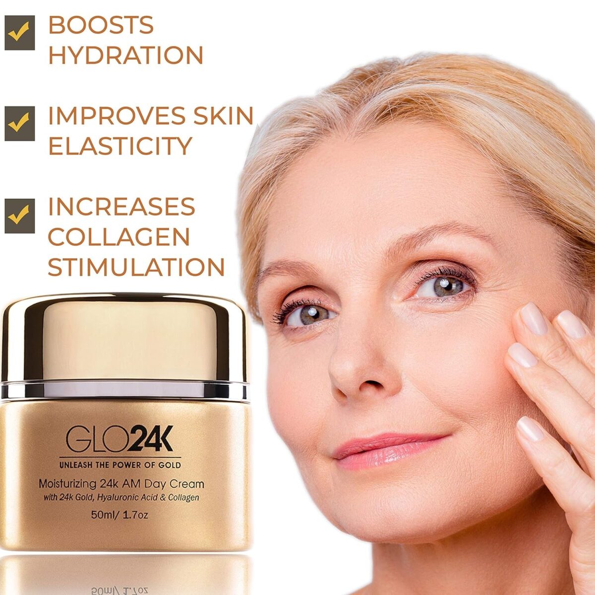 GLO24K Moisturizing Day Cream with 24K Gold, Hyaluronic Acid, Collagen, and Vitamins. for Optimal Hydration!