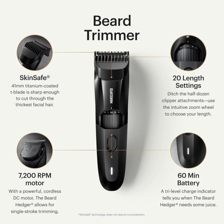 MANSCAPED® the Beard Hedger® Premium Men'S Beard Trimmer, 20 Length Adjustable Blade Wheel, Stainless Steel T-Blade for Precision Facial Hair Trimming, Cordless Waterproof Wet/Dry Clipper