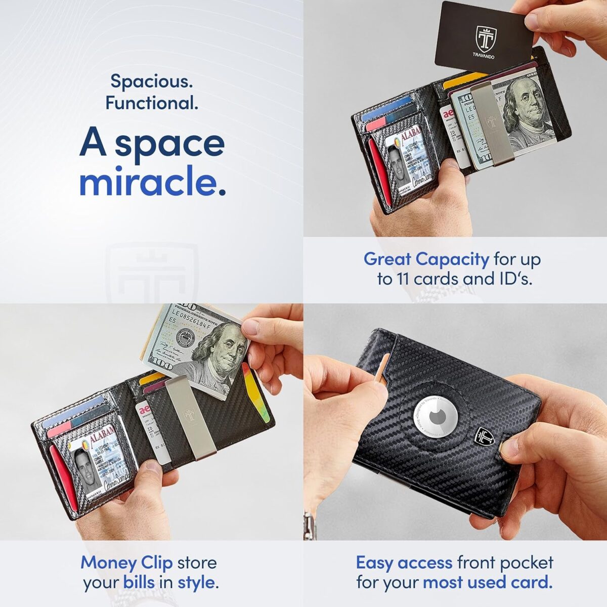 TRAVANDO Airtag* Wallet Mens Wallet with Money Clip Air Tag Wallet Card Holder RFID Blocking Bifold Gifts for Men