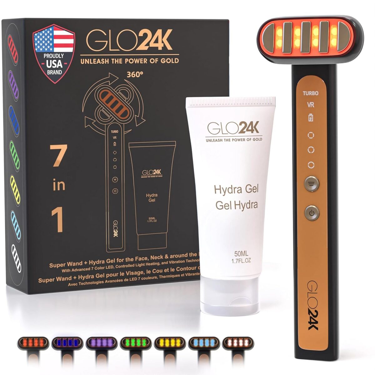 GLO24K 6-IN-1 Beauty Therapy Wand for the Face, Eyes, and Neck I Based on Dual LED Light Therapy, Thermal, Vibration, and Micro-Current Technologies I Skin Rejuvenation