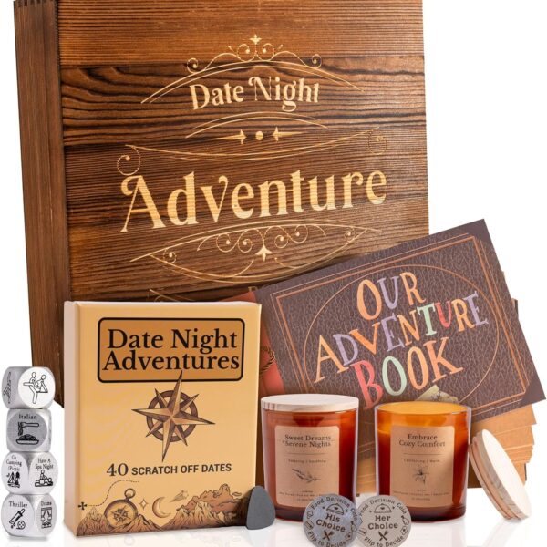 Date Night Adventure Gift Box - Gifts for Her, Him, Scratch-Off Date Ideas, Anniversary or Birthday Gifts for Girlfriend, Boyfriend, Vanilla and Lavender Candles, Decision Coin & Dice