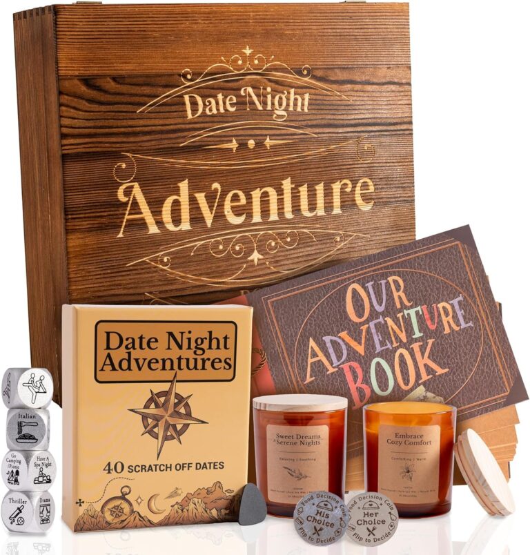 Date Night Adventure Gift Box - Gifts for Her, Him, Scratch-Off Date Ideas, Anniversary or Birthday Gifts for Girlfriend, Boyfriend, Vanilla and Lavender Candles, Decision Coin & Dice