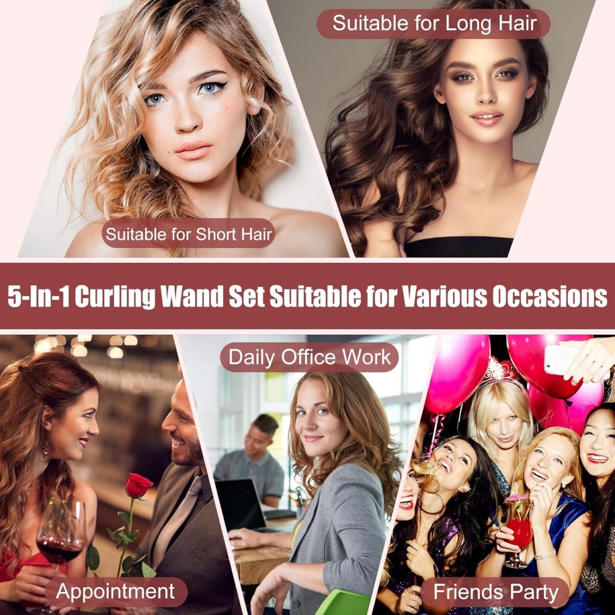 5 in 1 Curling Wand Set - SIQUER Curling Iron Set 1/2 to 1 1/4 Inch Beach Waves Wands 1 1/2 Inch Thermal Brush Fast Heating up Hair Curlers for Women with Protective Gloves Clamps (Rose, Black)