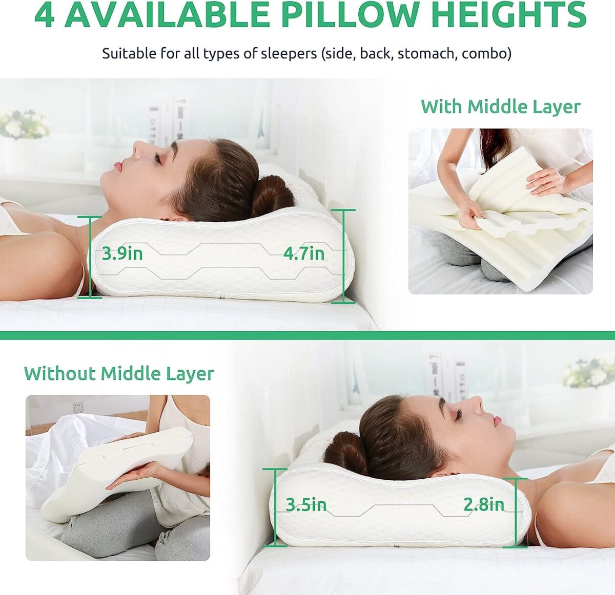 UTTU Cervical Pillow for Neck Strain Relief, Memory Foam Neck Pillow for Sleeping, Contour Cooling Pillow for Side Sleeper, Adjustable Orthopedic Sandwich Pillow, Queen(23.6"×14"×4.7"/3.9")