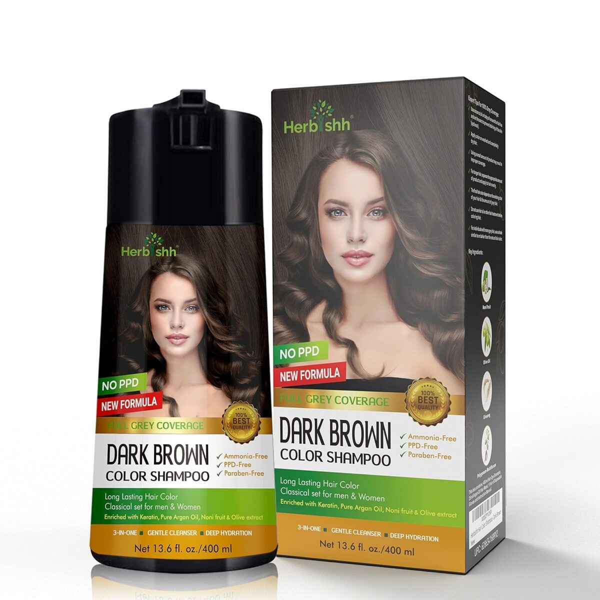 Herbishh Hair Color Shampoo for Gray Coverage - Enriched Formula with Conditioner - Long Lasting & DIY (DARK BROWN)