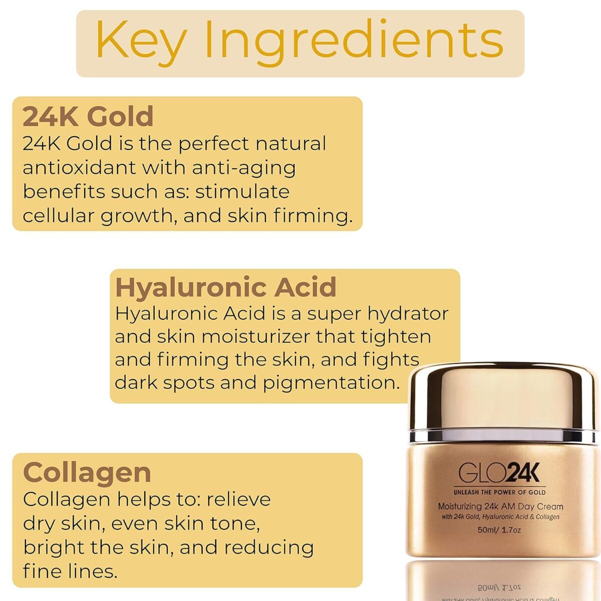 GLO24K Moisturizing Day Cream with 24K Gold, Hyaluronic Acid, Collagen, and Vitamins. for Optimal Hydration!