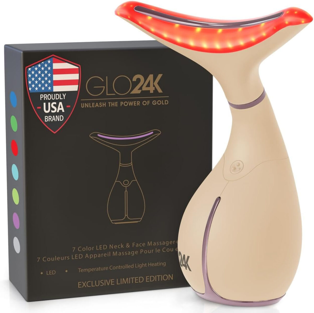 GLO24K Red Light Beauty Device for Face and Neck. Based on Triple Action L E D, Thermal, and Vibration Technologies.