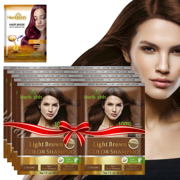 Herbishh Natural Hair Dye Shampoo - Argan Hair Mask, Travel Size, Colors Hair in Minutes, Long-Lasting, 10+1 Pack, Ammonia-Free (Light Brown)