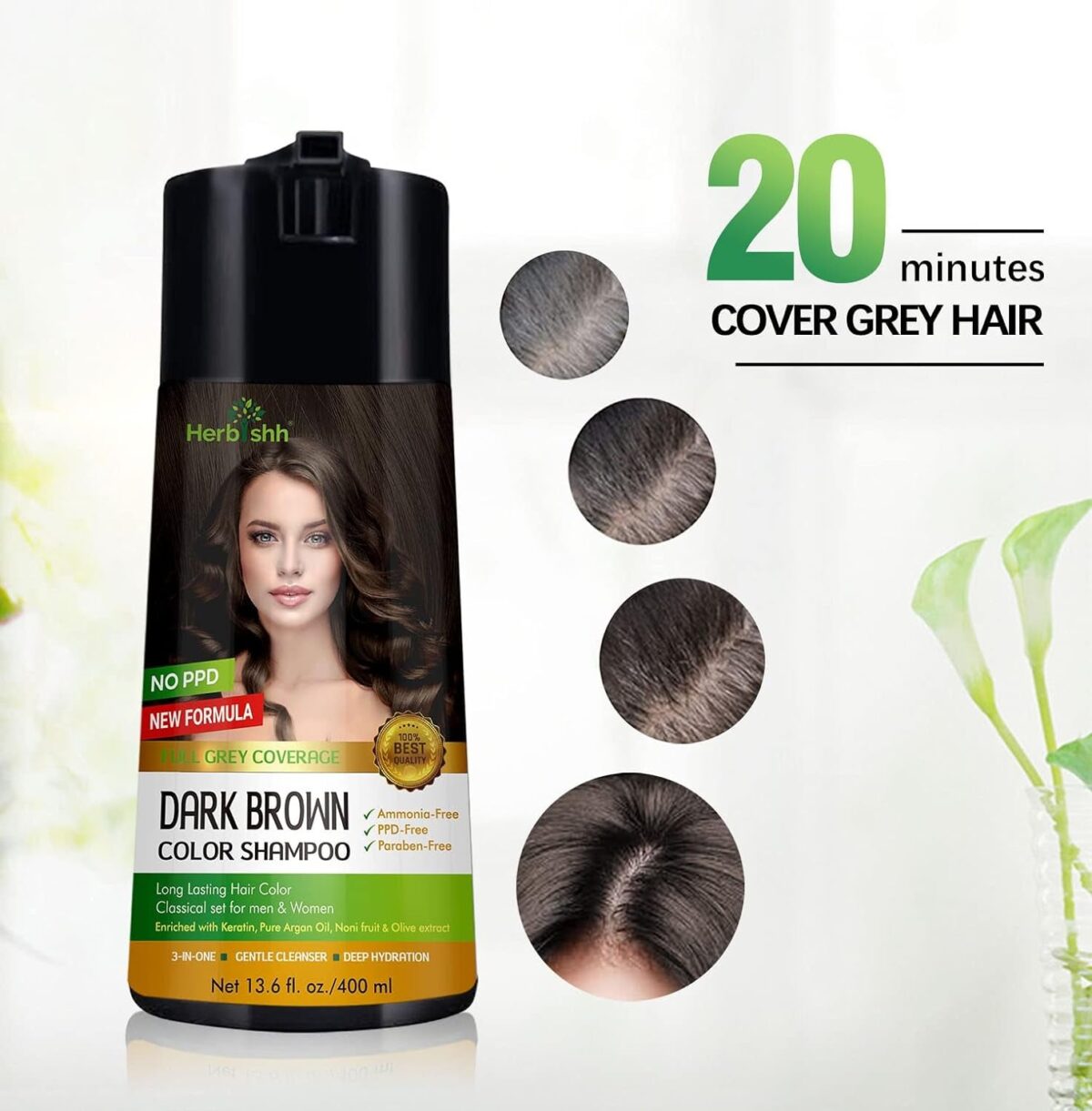 Herbishh Hair Color Shampoo for Gray Coverage - Enriched Formula with Conditioner - Long Lasting & DIY (DARK BROWN)