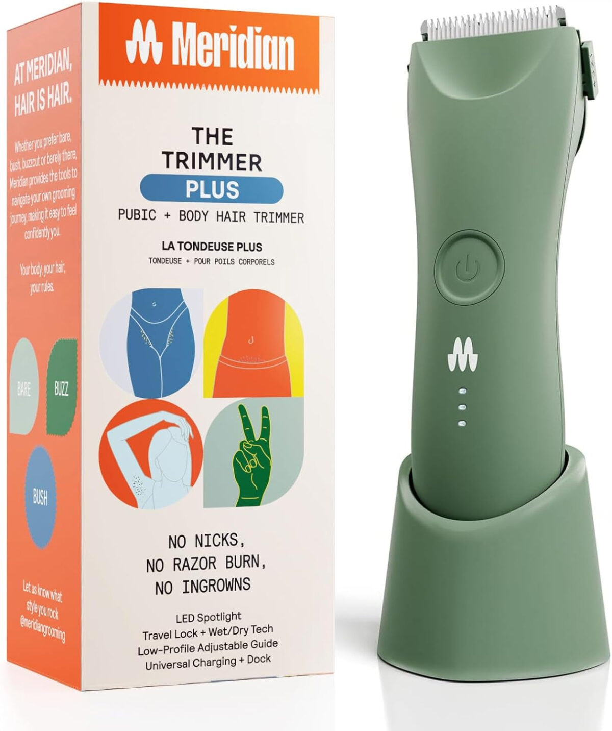 MERIDIAN Trimmer plus Body Hair Manscaping Trimmer, Adjustable Guard, USB C Charging, Flash Light, Travel Lock, Charging Dock, Bikini Trimmer, Mens Body Hair Trimmer - Sage