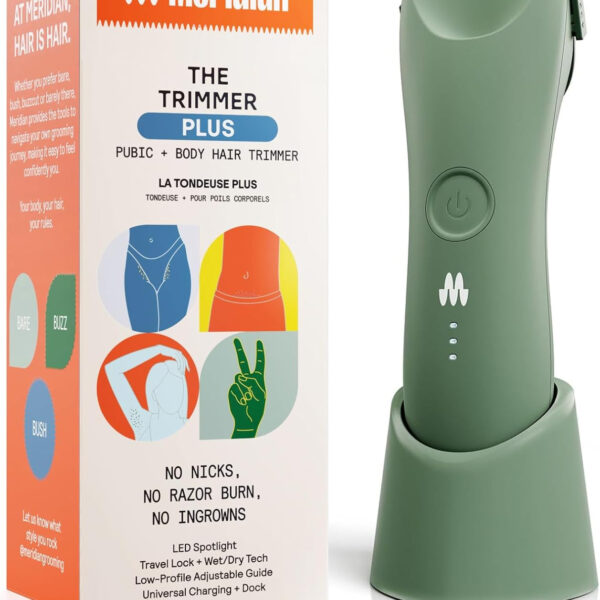 MERIDIAN Trimmer plus Body Hair Manscaping Trimmer, Adjustable Guard, USB C Charging, Flash Light, Travel Lock, Charging Dock, Bikini Trimmer, Mens Body Hair Trimmer - Sage