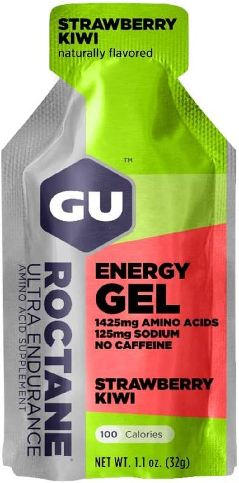 GU Energy Roctane Ultra Endurance Energy Gel, Vegan, Gluten-Free, Kosher, and Dairy-Free On-The-Go Sports Nutrition for Running, Biking, Hiking or Skiing, Strawberry Kiwi (24 Packets)