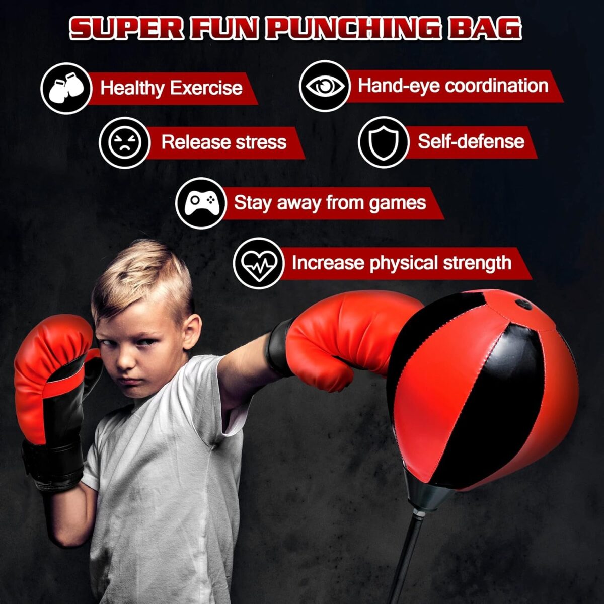 Punching Bag for Ages 3 4 5 6 7 8+ Years Old Kids, Boxing Bag Set Toy with Boxing Gloves, Height Adjustable Punching Bag, Sport Toy for Boys & Girls, Ideal Christmas Birthday Gift for Kids