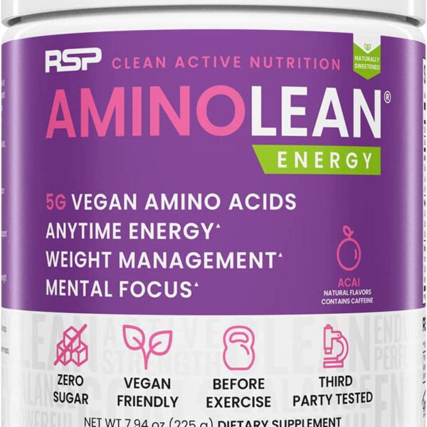 RSP Aminolean - All-In-One Natural Pre Workout, Amino Energy, Weight Management - Vegan Bcaas, Preworkout for Men & Women, Acai, 25 Serv