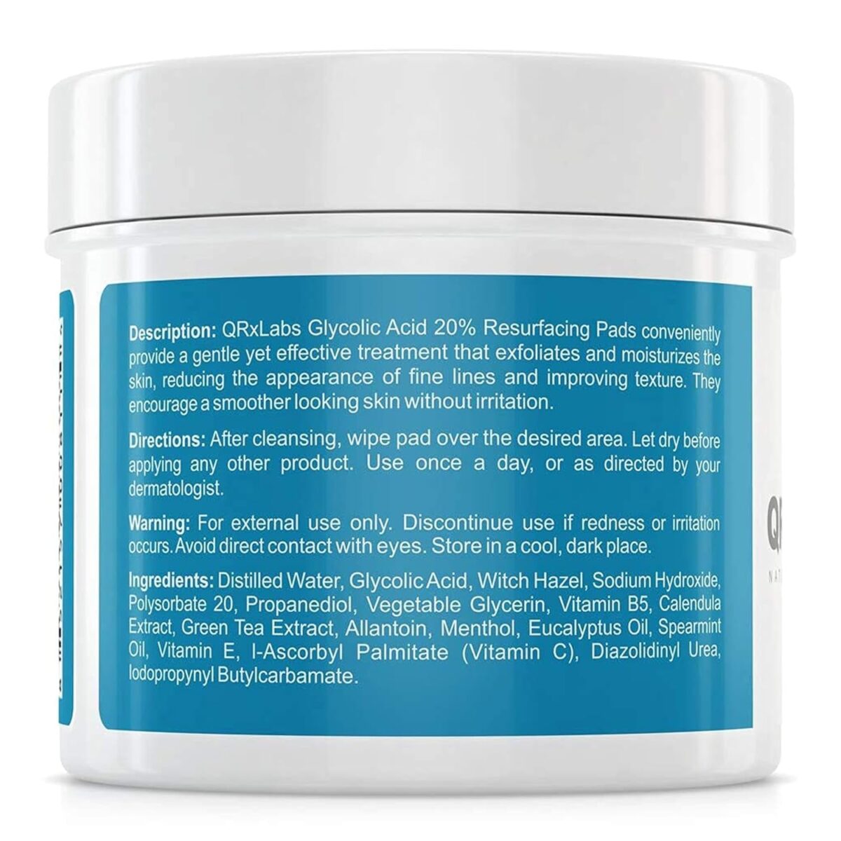 Qrxlabs Glycolic Acid 20% Resurfacing Pads for Face & Body with Vitamins B5, C & E, Green Tea, Calendula, Allantoin - Exfoliates Surface Skin and Reduces Fine Lines and Wrinkles - Peel Pads