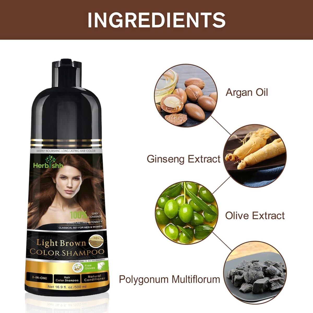 Herbishh 3-In-1 Magic Hair Dye Shampoo for Gray Hair - Light Brown, 500 Ml, Ammonia-Free, Long Lasting, Colors Hair in Minutes,Unisex