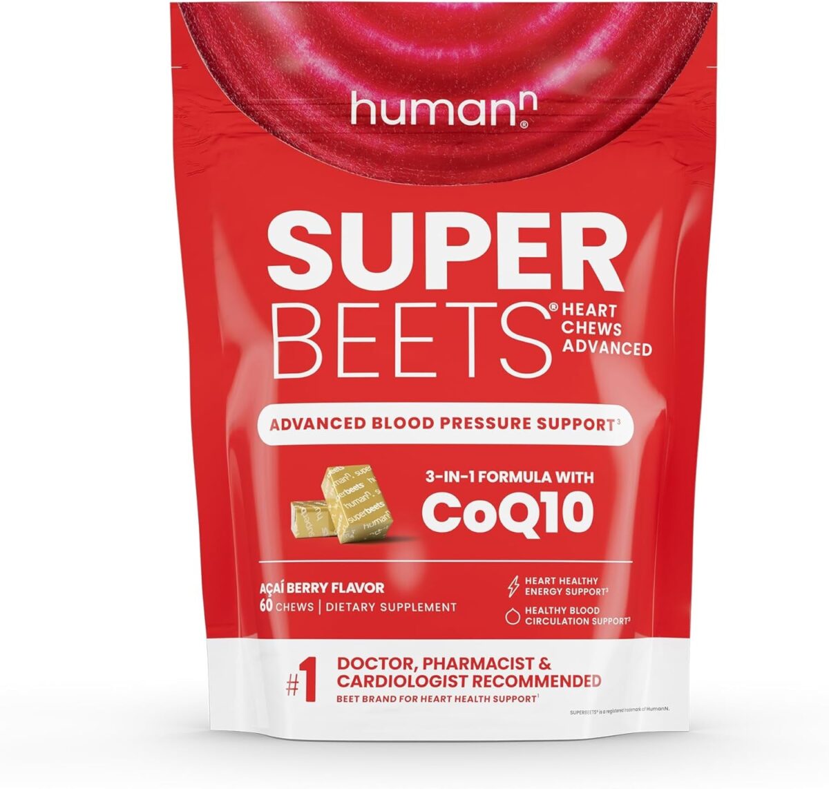 Humann Superbeets Heart Chews, Nitric Oxide and Blood Pressure Support, Grape Seed Extract & Non-Gmo Beet Root Powder Energy Chews, Super Beets Heart Chews, Pomegranate Berry Flavor, 60 Count