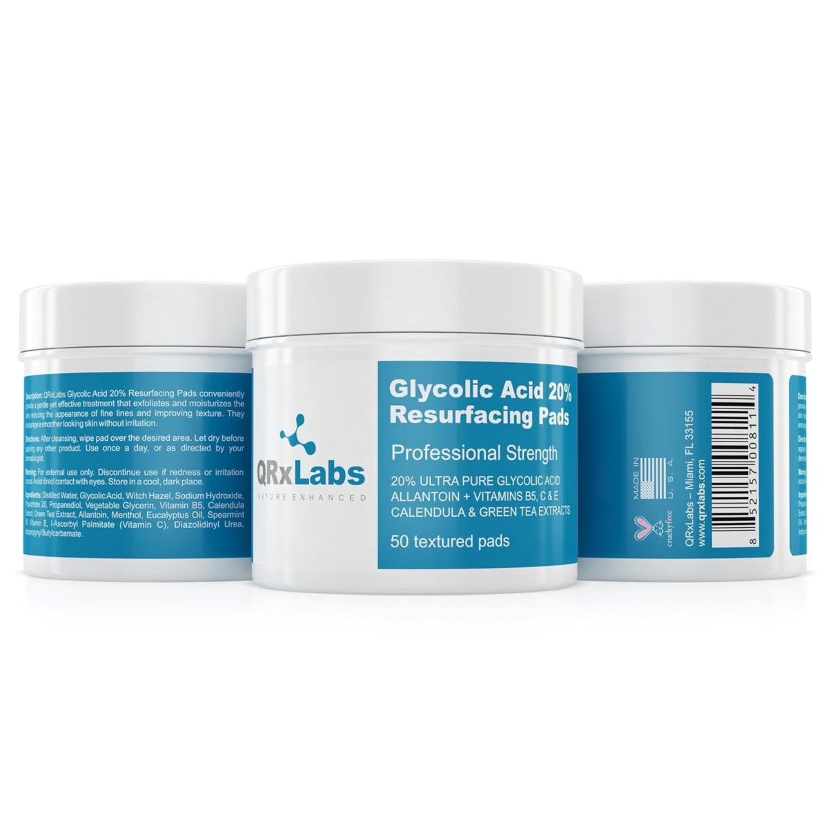 Qrxlabs Glycolic Acid 20% Resurfacing Pads for Face & Body with Vitamins B5, C & E, Green Tea, Calendula, Allantoin - Exfoliates Surface Skin and Reduces Fine Lines and Wrinkles - Peel Pads