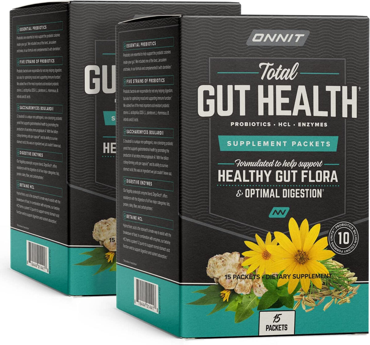 ONNIT Total Gut Health -Complete Probiotics & Digestive Enzyme Supplement for Women & Men - 5 Strains of Probiotics, Prebiotics, Enzymes, Betaine HCL - 15 Count Packets - 2 Pack (30 Pckt Total Count)