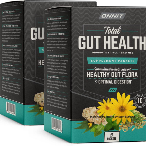 ONNIT Total Gut Health -Complete Probiotics & Digestive Enzyme Supplement for Women & Men - 5 Strains of Probiotics, Prebiotics, Enzymes, Betaine HCL - 15 Count Packets - 2 Pack (30 Pckt Total Count)