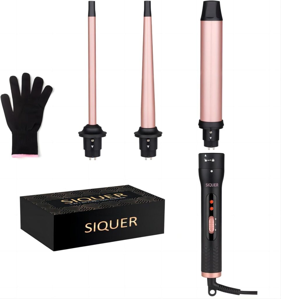 3 in 1 Curling Wand Set - SIQUER Hair Waver Curling Iron for Women with 3 Interchangable Ceramic Beach Waves Wands 1/2 Inch to 1 1/4 Inch Fast Heating up Hair Curler with Box (Rose, Black)