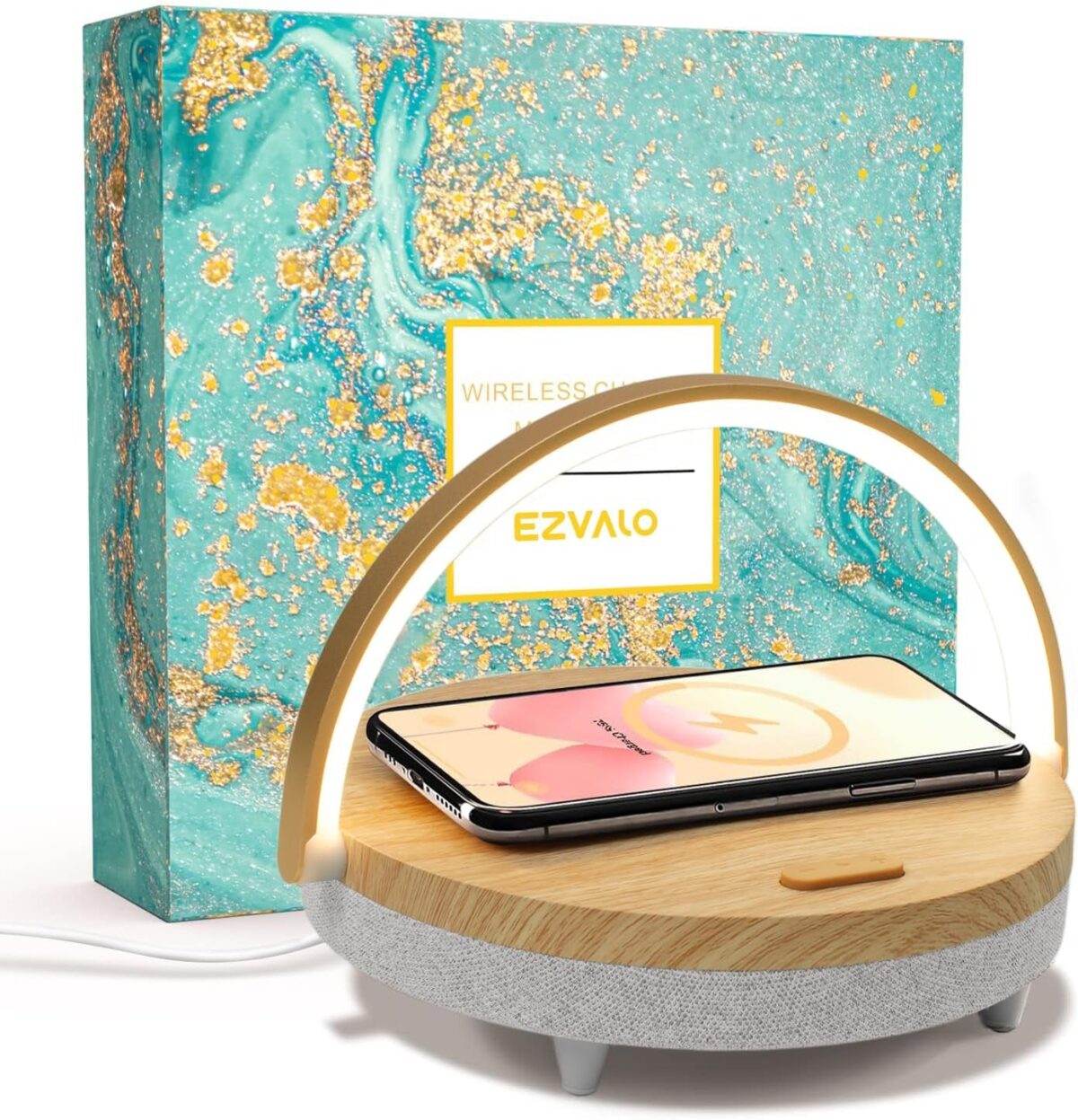 EZVALO Gift for Her, Music Table Lamp with Wireless Charger, 4 in 1 Touch Bedside Lamp, Portable Bluetooth Speaker, Phone Holder, Dimmable LED Night Light Birthday Gifts for Women, Men, Dad, Mom