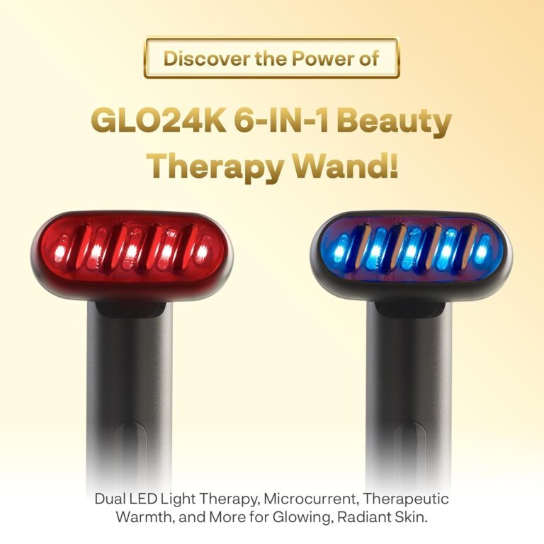 GLO24K 6-IN-1 Beauty Therapy Wand for the Face, Eyes, and Neck I Based on Dual LED Light Therapy, Thermal, Vibration, and Micro-Current Technologies I Skin Rejuvenation