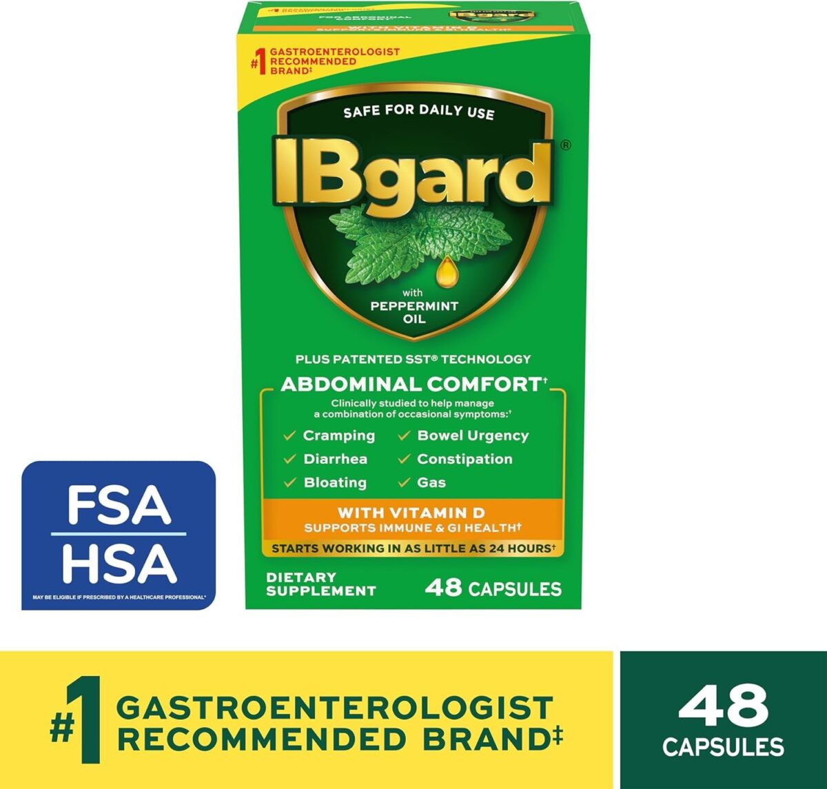 Ibgard with Vitamin D Daily Gut Health Support Supplement to Help Manage a Combination of Occasional Symptoms: Cramping, Bowel Urgency, Diarrhea, Constipation, Bloating, and Gas†, 48 Capsules