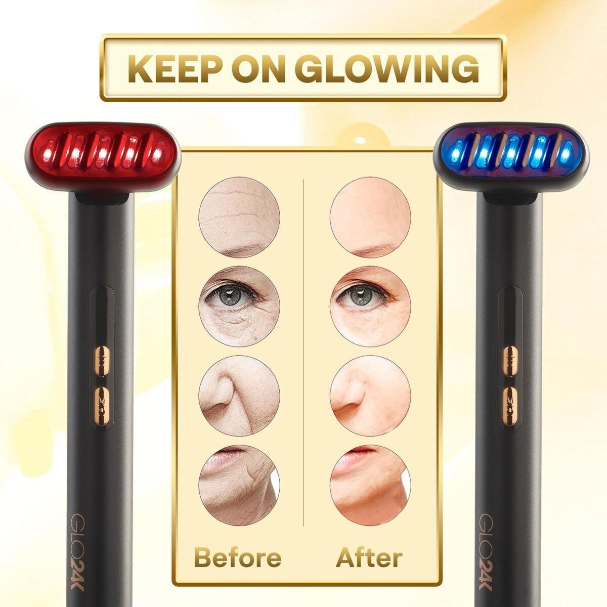 GLO24K 6-IN-1 Beauty Therapy Wand for the Face, Eyes, and Neck I Based on Dual LED Light Therapy, Thermal, Vibration, and Micro-Current Technologies I Skin Rejuvenation