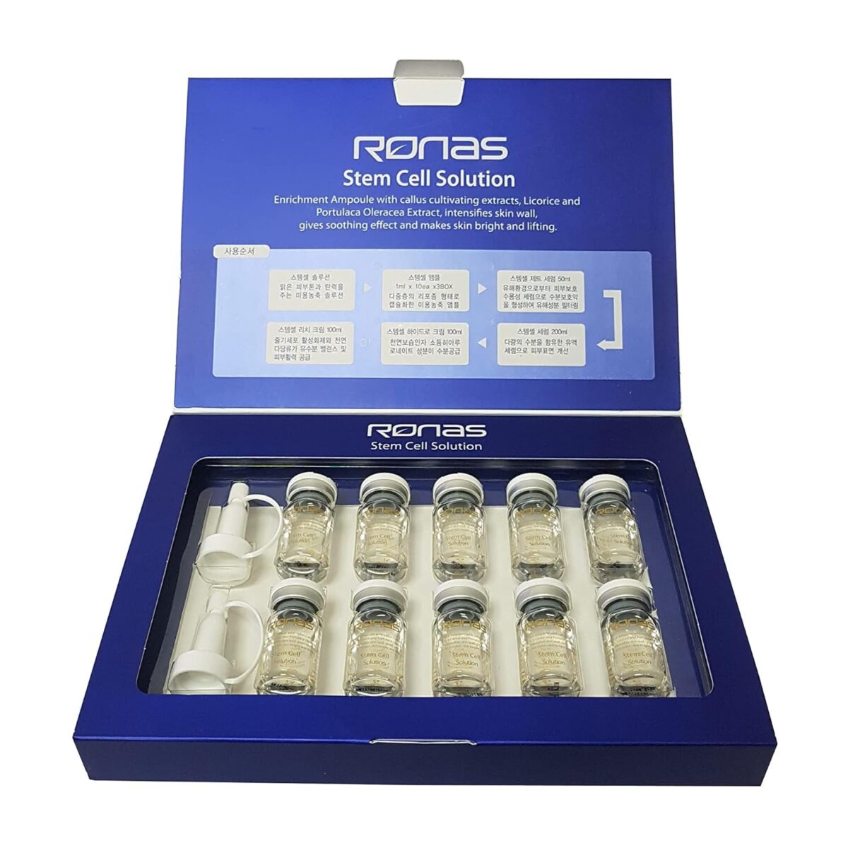 Ronas Stem Cell Solution Ampoules anti Aging Formula Best anti Aging Serum Plant Stem Cells Hyaluronic Acid Restore Replenish Skin Smooth Wrinkles All Skin Type 0.16Oz 10Vial