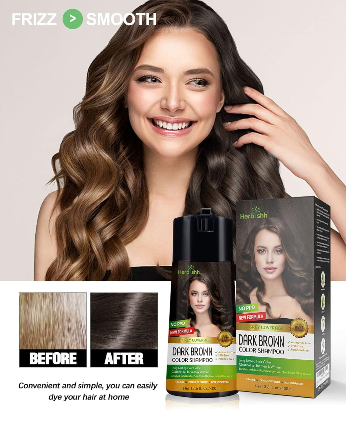 Herbishh Hair Color Shampoo for Gray Coverage - Enriched Formula with Conditioner - Long Lasting & DIY (DARK BROWN)