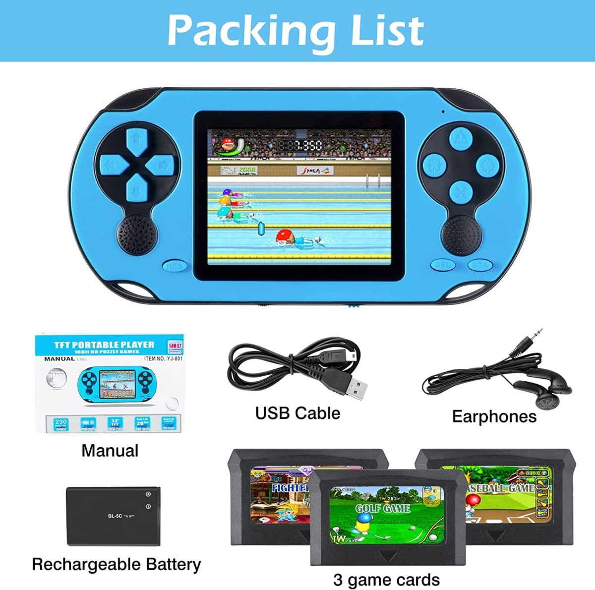 16 Bit Handheld Game Console for Kids Adults, 3.0'' Large Screen Preloaded 230 HD Classic Retro Video Games with USB Rechargeable Battery & 3 Game Cartridges for Birthday Gift for Kids 4-12