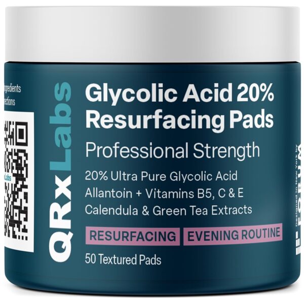 Qrxlabs Glycolic Acid 20% Resurfacing Pads for Face & Body with Vitamins B5, C & E, Green Tea, Calendula, Allantoin - Exfoliates Surface Skin and Reduces Fine Lines and Wrinkles - Peel Pads