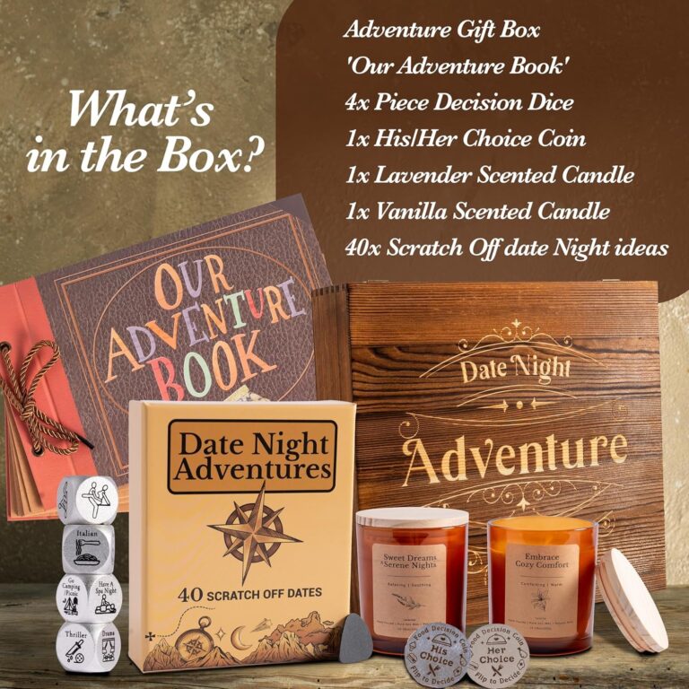 Date Night Adventure Gift Box - Gifts for Her, Him, Scratch-Off Date Ideas, Anniversary or Birthday Gifts for Girlfriend, Boyfriend, Vanilla and Lavender Candles, Decision Coin & Dice