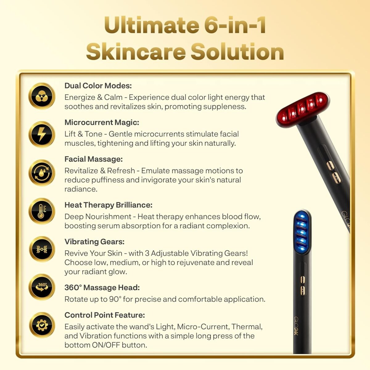 GLO24K 6-IN-1 Beauty Therapy Wand for the Face, Eyes, and Neck I Based on Dual LED Light Therapy, Thermal, Vibration, and Micro-Current Technologies I Skin Rejuvenation