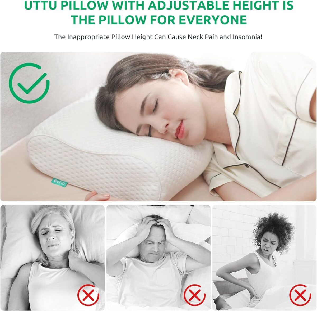 UTTU Cervical Pillow for Neck Strain Relief, Memory Foam Neck Pillow for Sleeping, Contour Cooling Pillow for Side Sleeper, Adjustable Orthopedic Sandwich Pillow, Queen(23.6"×14"×4.7"/3.9")