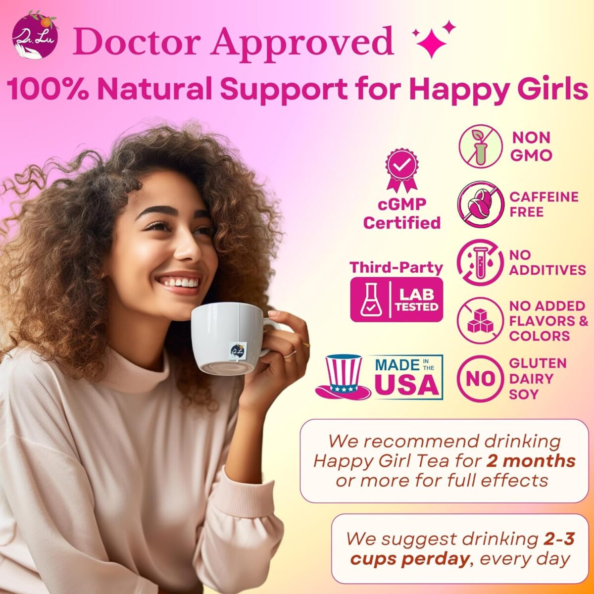 Dr. Lu'S Happy Girl Tea | 100% Natural Hormone Balance Tea for Menstrual, PMS, PCOS & Urinary Health | Anti-Inflammatory & Anti-Aging Rose Tea with Cranberries, Goji Berries, Cinnamon & More | Self Care Gifts for Women