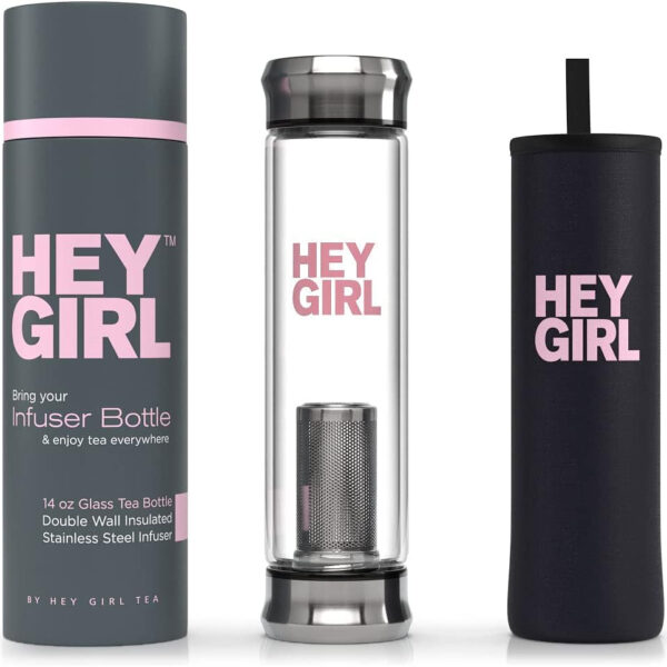 Hey Girl Infuser Bottle + Tea Bundle - Glass Tea Diffuser - Insulated Travel Thermos Tumbler for Loose Leaf Tea, Tea Bags & Infused Fruit plus Herbal Sleep Tea W/Chamomile & Valerian Root