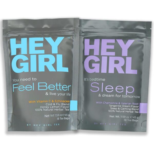 Hey Girl Sleep + Feel Better Tea Bundle - Sleep Tea W/Chamomile, Valerian Root & Lemon Balm in Tea Bags + Feel Better Herbal Tea with Echinacea, Elderberry, Vitamin C