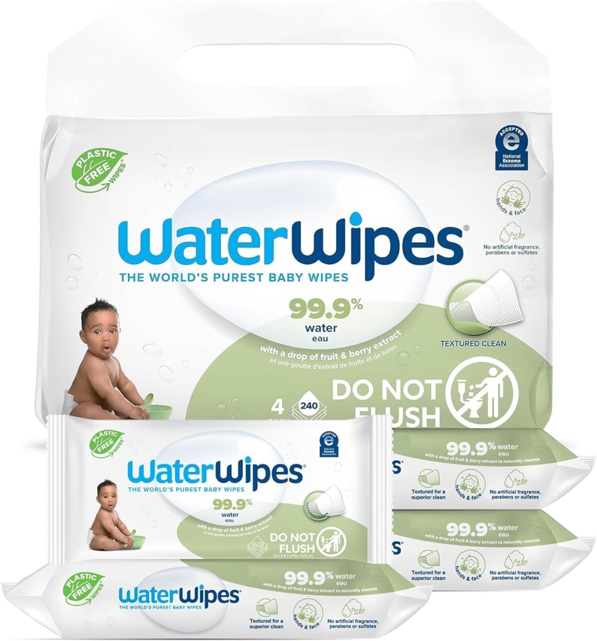 Waterwipes Plastic-Free Textured Clean, Toddler & Baby Wipes, 99.9% Water Based Wipes, Unscented & Hypoallergenic for Sensitive Skin, 60 Count (12 Packs), Packaging May Vary