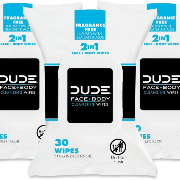 DUDE Wipes - Face and Body Wipes - 3 Pack, 90 Wipes - Unscented Wipes with Sea Salt & Aloe - 2-In-1 Body & Face Wipes - Alcohol Free and Hypoallergenic Cleansing Wipes