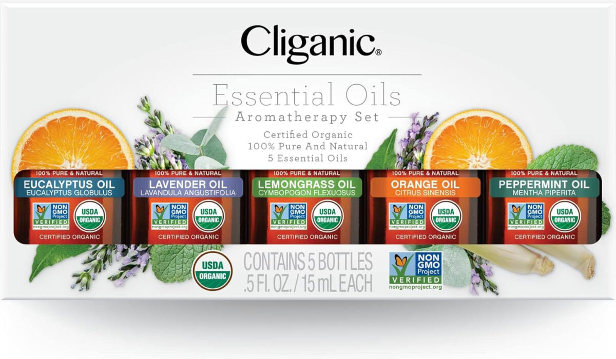 Cliganic Organic Essential Oils Set (Top 5) - 100% Pure Natural - Aromatherapy, Candle Making - Peppermint, Lavender, Eucalyptus, Lemongrass & Orange