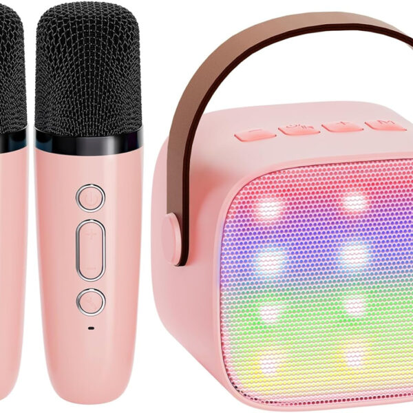 YLL Mini Karaoke Machine for Kids Adults, Portable Bluetooth Speaker with 2 Wireless Microphones, Christmas Birthday Gifts Toys for Girls Ages 4, 5, 6,7, 8,9,10,11,12+ Years Old Toddler (Lightpink)