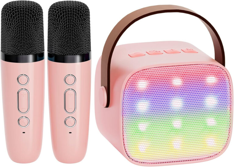 YLL Mini Karaoke Machine for Kids Adults, Portable Bluetooth Speaker with 2 Wireless Microphones, Christmas Birthday Gifts Toys for Girls Ages 4, 5, 6,7, 8,9,10,11,12+ Years Old Toddler (Lightpink)