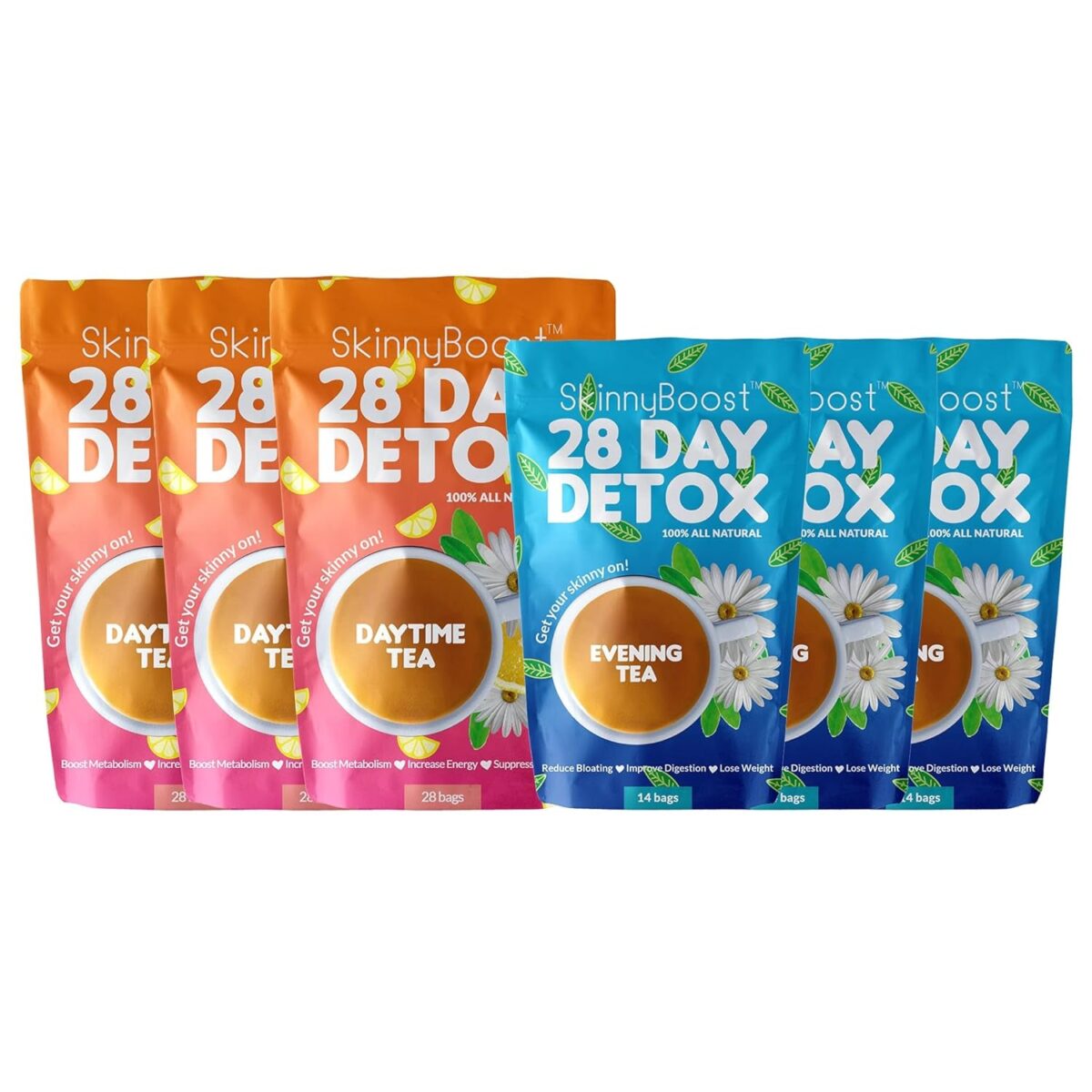 Skinnyboost 28 Day Detox Tea Kit-1 Daytime (28 Bags) 1 Evening (14 Bags) Non GMO, Vegan, All Natural Teas, Made with Green Tea and Herbal Teas for Natural Detox and Cleanse, Reduce Bloating