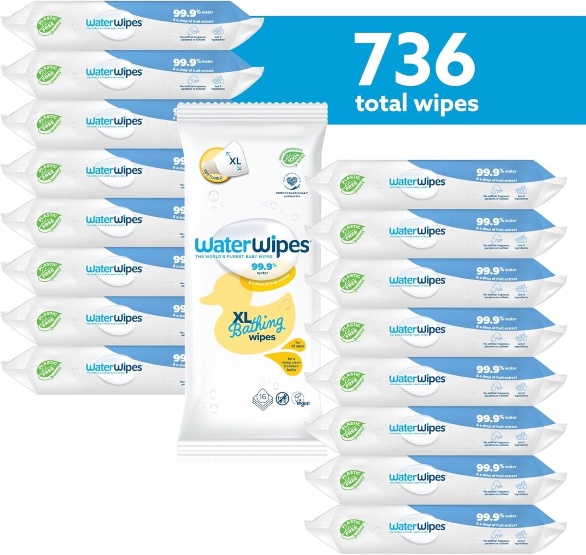 Waterwipes Bundle, Original 720 Count (12 Packs) & XL Bathing Wipes 16 Count (1 Pack), Plastic-Free, 99.9% Water Based Wipes, Unscented, Hypoallergenic for Sensitive Skin, Packaging May Vary