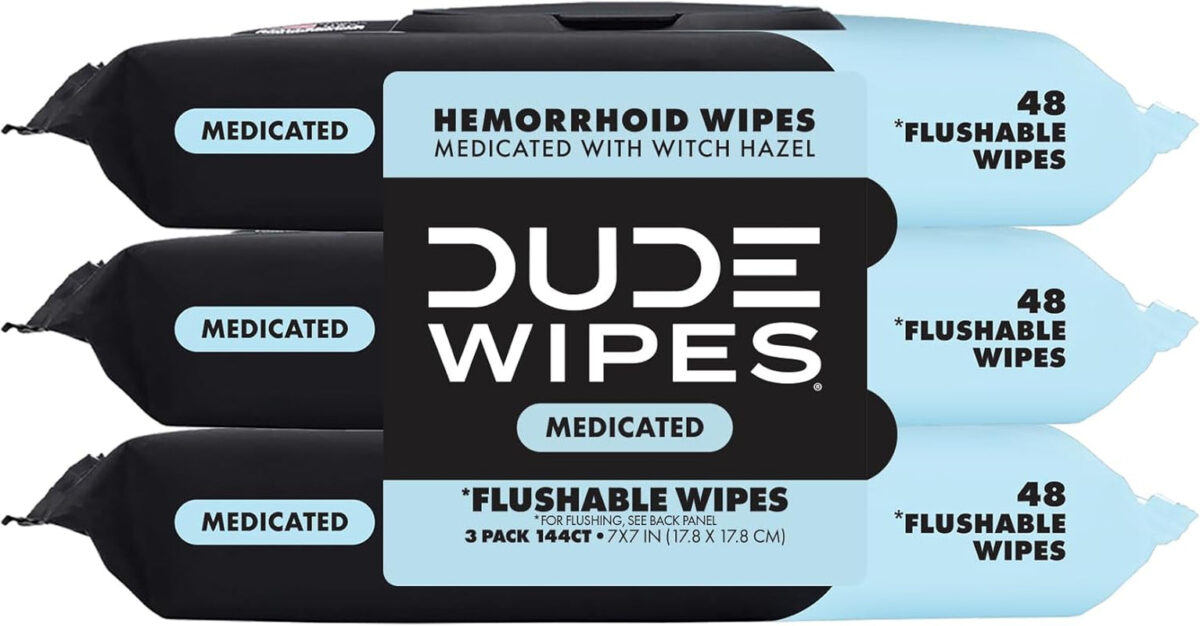 DUDE Wipes - Medicated Flushable Wipes - 3 Pack, 144 Wipes - Unscented Extra-Large Adult Wet Wipes - Medicated Witch Hazel - Septic and Sewer Safe