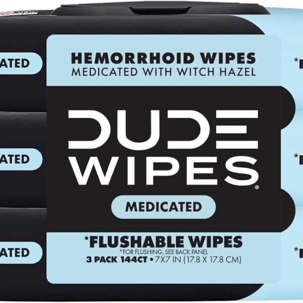 DUDE Wipes - Medicated Flushable Wipes - 3 Pack, 144 Wipes - Unscented Extra-Large Adult Wet Wipes - Medicated Witch Hazel - Septic and Sewer Safe