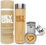 Hey Girl Bamboo Tea Infuser Bottle with Tea Strainer - Insulated Stainless Steel Water Bottle for Loose Leaf Tea & Coffee - Tea Tumbler with Diffuser - Loose Tea Bottle or Thermos Travel Mug - 18 Oz